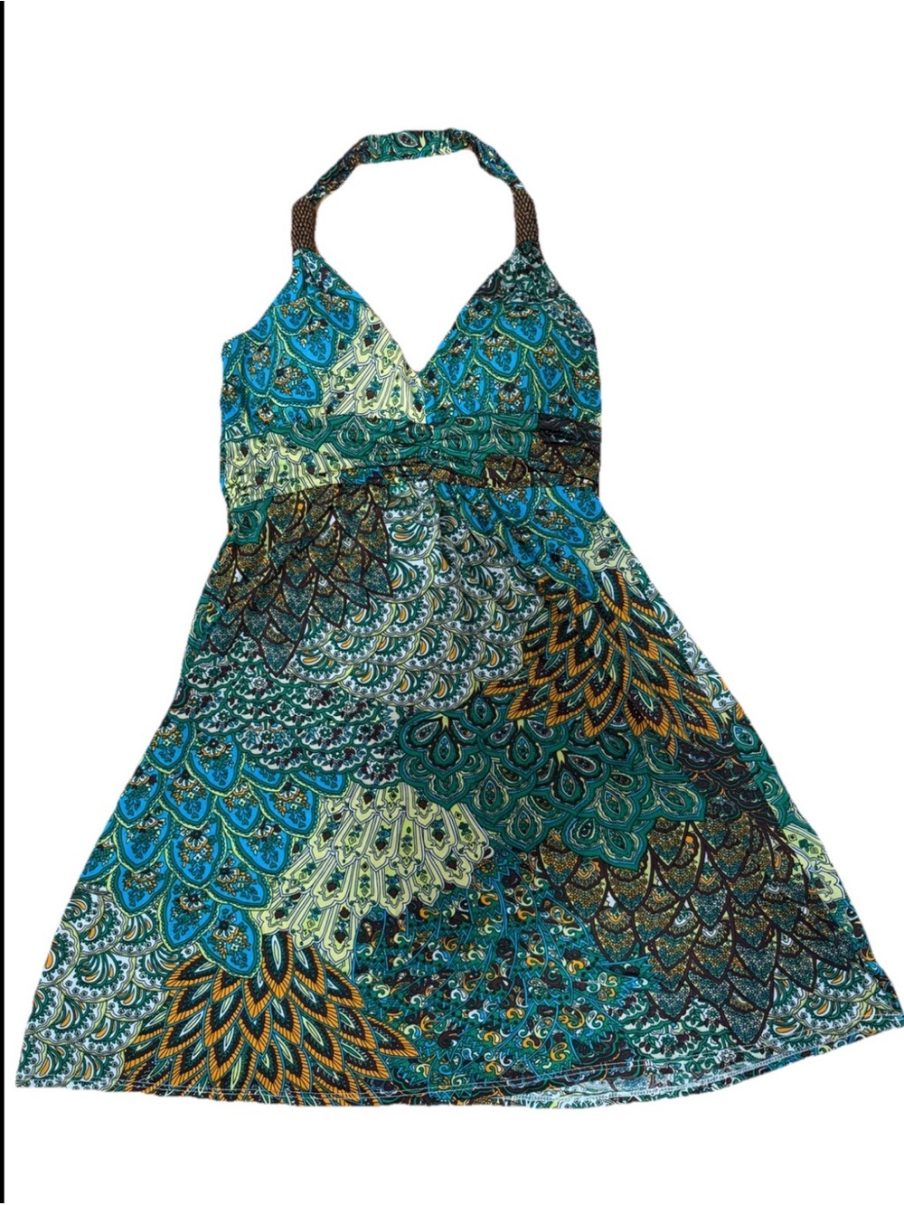 Shoreline S/M Halter Sundress – Green Blue Paisley Beaded Accents Knee Length